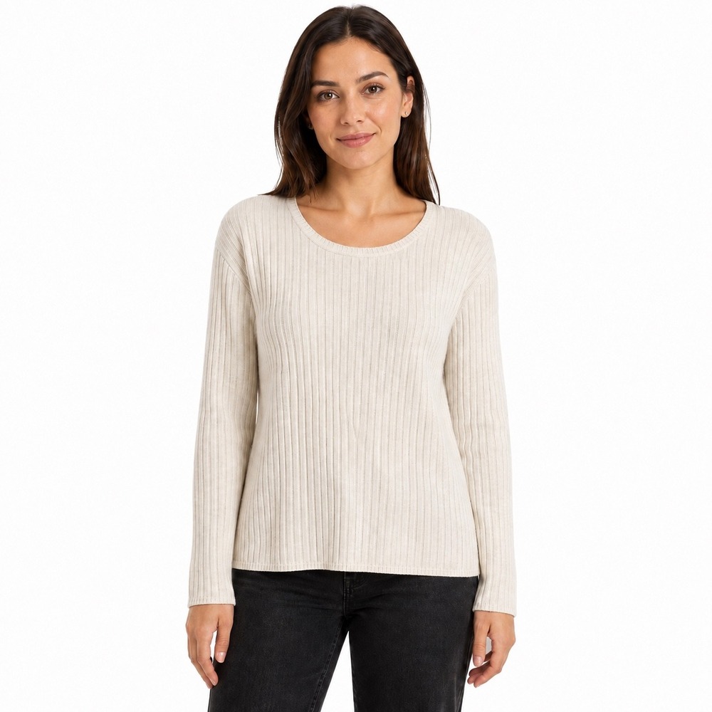 Talbots Womens Large Oatmeal Ribbed Knit Scoop Neck Long Sleeve Cotton Sweater